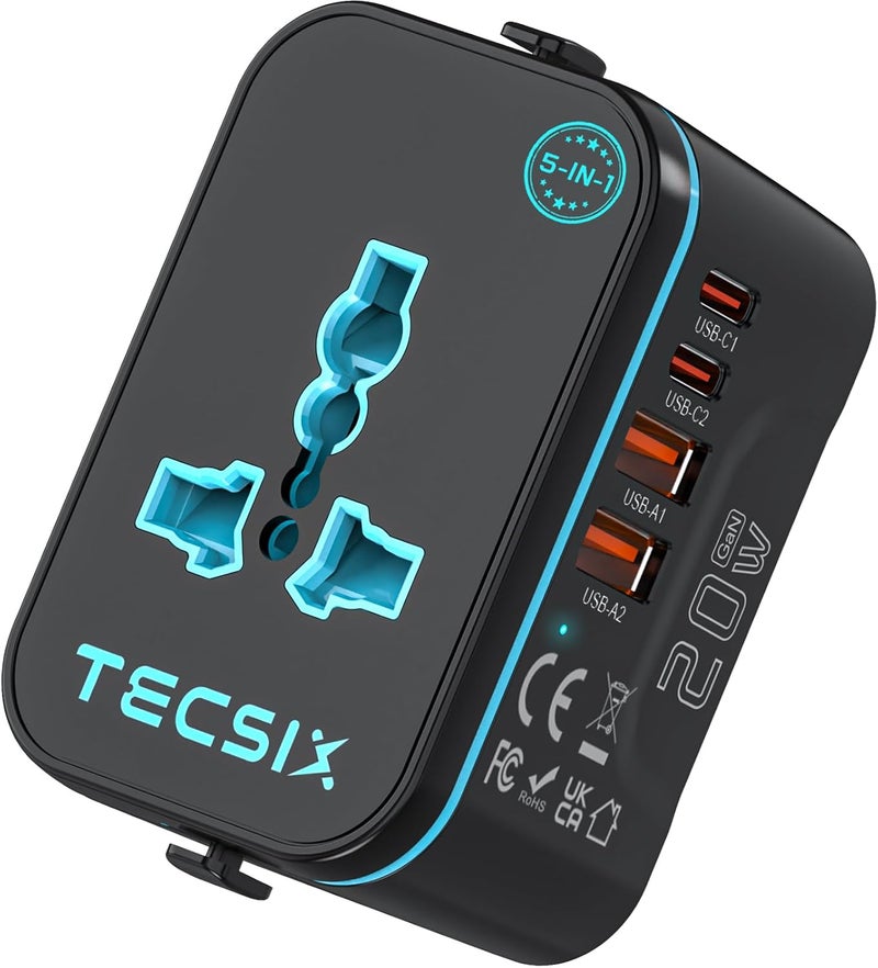 TECSIX Universal Travel Adapter Worldwide PD 20W, International Power Adapter Fast Charging with 2 USB C, 2 USB A Multi Outlets, Gan Travel Plug Adaptor for EU US UK AUS 200+ Countries - Image 1